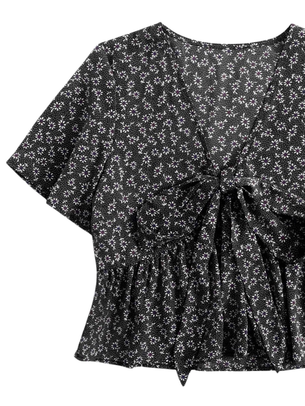 Black & White Floral Print Ruffle Hem Crop Top Blouse